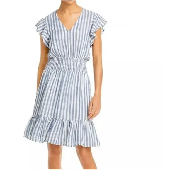 Rails Tara Blue Catalina L Dress Blue White Striped Flutter Sleeve Ruffle Rayon - Picture 1 of 11